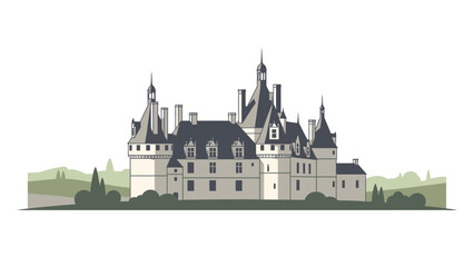 Fototapeta premium Illustration of a large white castle with dark roofs and spires on a white background with green trees and hills.