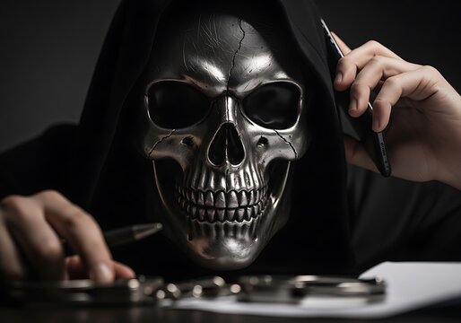 Close-up of Grim Reaper in Skull Mask Talking on Phone. Generative Ai