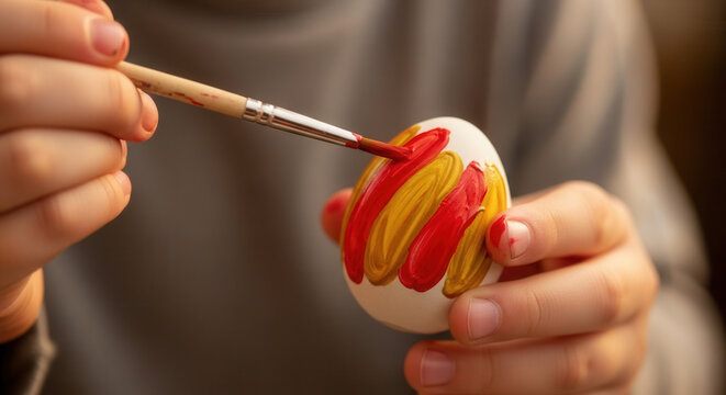 Child painting colorful patterns on Easter novruz, pascoa egg with brush  