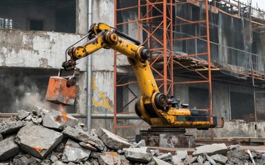 Fototapeta premium Yellow robot arm dismantles concrete at construction site surrounded