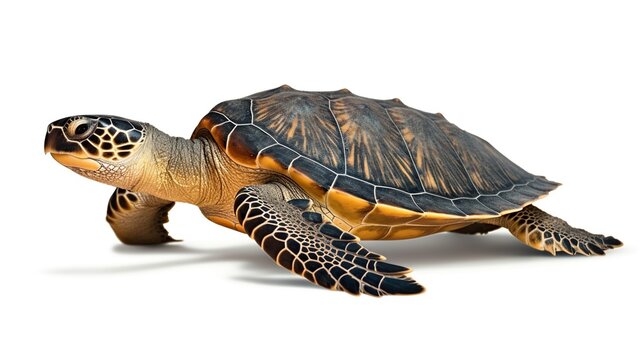 Graceful sea turtle with dark patterned carapace and orange accents gliding on a clean white background