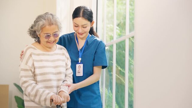 Caregiver assisting senior woman using walker at home, elderly mobility support and rehabilitation care, nursing service, physical therapy and recovery, helping improve independence and daily movement