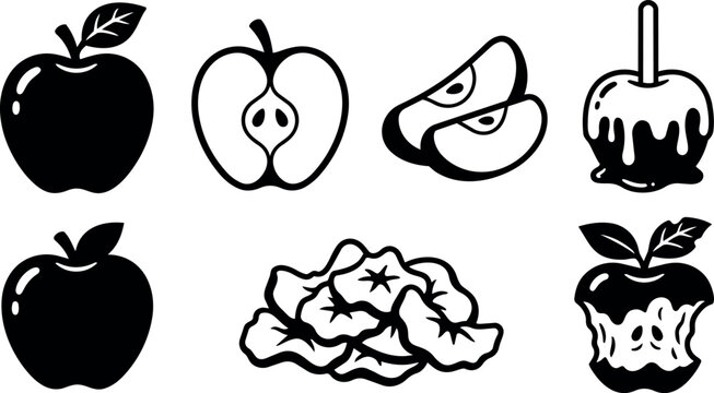 Black and white apple icons with slices core candy apple and apple core illustration