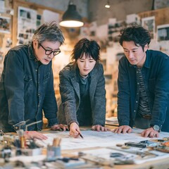 Fototapeta premium Three Asian architects collaborate closely reviewing blueprints on a large table in a bright studio filled with creative materials together analyzing