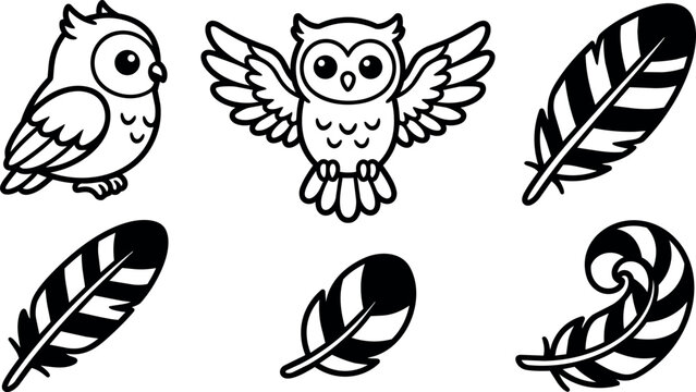 Black and white cartoon owl and decorative feathers line art vector