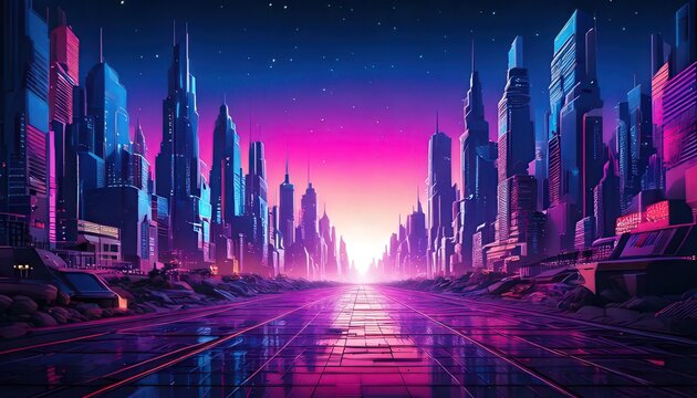 Paysage urbain futuriste de style synthwave avec des gratte-ciel n&eacute;on sous un ciel &eacute;toil&eacute; violet et une route menant vers un horizon lumineux.