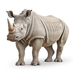Fototapeta premium Gray rhinoceros standing in a studio on a white background with a pronounced horn and textured skin