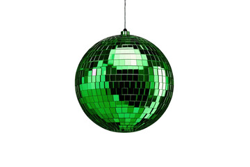 Green disco ball sparkling, reflecting party lights, creating vibrant celebration atmosphere on transparent background