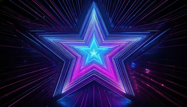 Une &eacute;toile g&eacute;om&eacute;trique en n&eacute;on bleu et rose brillant au centre d'un tunnel de lumi&egrave;re futuriste avec des tra&icirc;n&eacute;es d'&eacute;nergie cosmique.