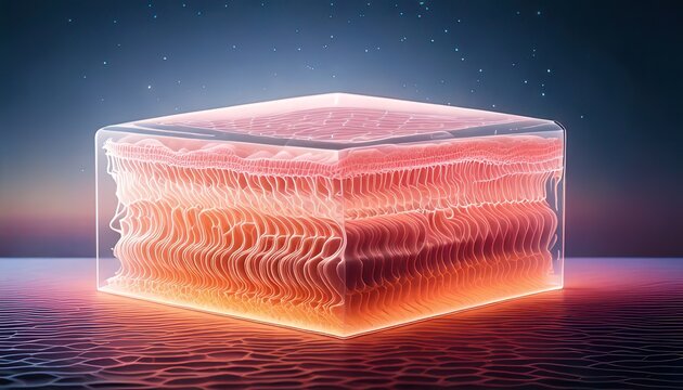 Illustration 3D d'une coupe transversale de la peau humaine montrant les couches de l'&eacute;piderme et du derme dans un cube de verre lumineux.