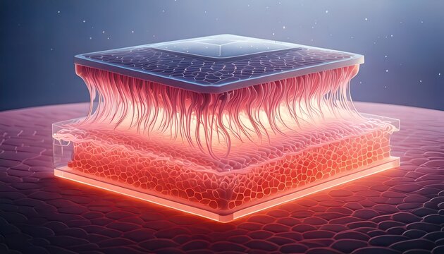 Illustration conceptuelle d'une puce biotechnologique avanc&eacute;e avec des fibres neuronales synth&eacute;tiques et une base lumineuse rougeoyante.
