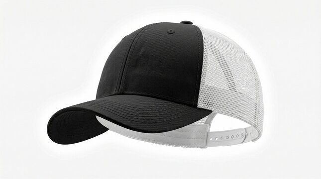 Black and white floating trucker snapback hat on a white background