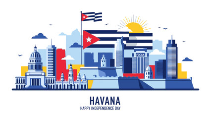 Fototapeta premium Illustration of Havana cityscape with Cuban flag and buildings celebrating Independence Day with vibrant colors and flat design on white background.