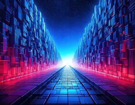 Couloir futuriste de centre de donn&eacute;es avec des murs de circuits int&eacute;gr&eacute;s &eacute;clair&eacute;s par des n&eacute;ons bleus et roses menant vers une lumi&egrave;re vive.