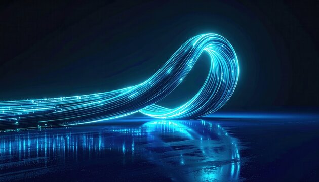 Cabos de fibra &oacute;ptica abstratos brilhando em azul neon representando transmiss&atilde;o de dados em alta velocidade e conectividade digital futurista.