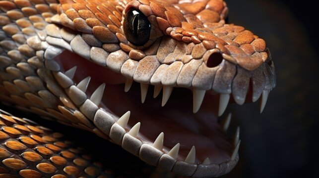 Intense close-up of an orange dragon head with sharp fangs and textured scales in dramatic lighting