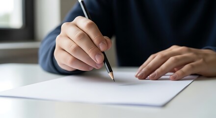 Naklejka premium Student holding pencil above blank exam paper in thinking moment. Minimal background, focused academic atmosphere, education concept, preparation and concentration theme.