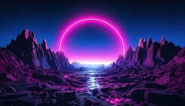 Un paysage de montagne extraterrestre avec un portail circulaire en n&eacute;on rose &eacute;clatant, style r&eacute;tro-futuriste synthwave et ciel nocturne &eacute;toil&eacute;.