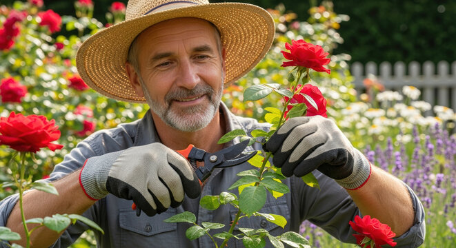 Elderly man smiling while pruning beautiful red roses in a vibrant garden with blooming flowers and greenery