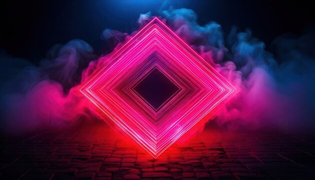 Cadre n&eacute;on rose en forme de losange brillant dans une atmosph&egrave;re sombre avec de la fum&eacute;e color&eacute;e et un sol en pav&eacute;s pour un design futuriste.