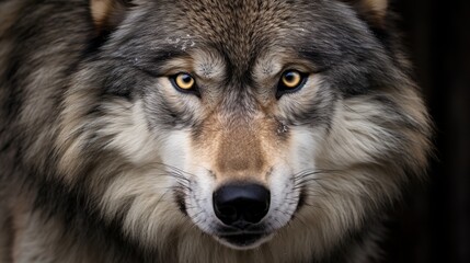 Obraz premium Intense Close-Up Portrait of a Majestic Gray Wolf with Amber Eyes in Shadow