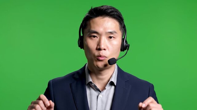 A focused Asian man wearing a headset against a green background, suitable for customer service or call center use cases.