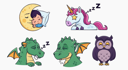 Obraz premium Collection of cute sleeping characters including boy, unicorn, dragon and owl