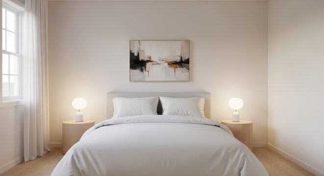 Modern bedroom with white bedding and bedside lamp. Minimalist interior design with abstract painting on wall. Calm domestic space for rest and sleep, cozy home lifestyle concept.