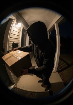 Hooded man stealing cardboard package from residential porch at night. Person committing parcel theft recorded by security camera. Crime, home delivery security and surveillance concept.