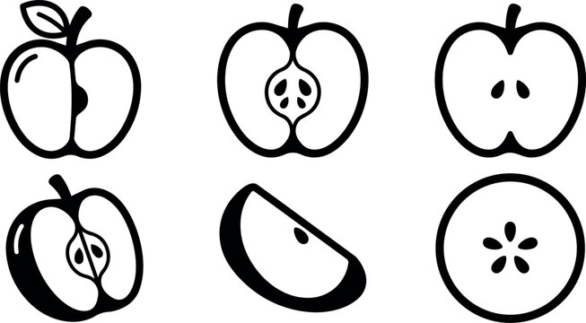 Apple slices with seeds and leaf line art set