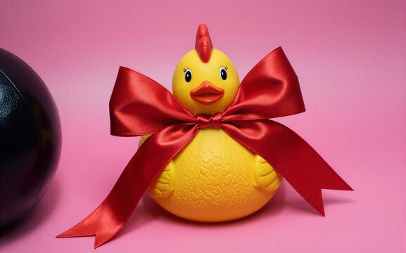 Yellow rubber chicken with red bow pink background playful and