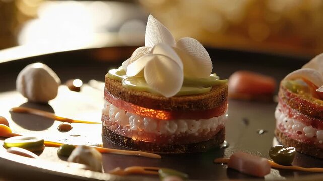 Delicate layered dessert pastry with floral garnish, caramel drizzle and white chocolate petals