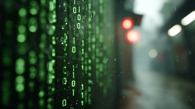 Futuristic digital rain with binary code in a cyberpunk scene