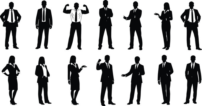 Professional business silhouette figures, confident body language poses, corporate attire icons, standing gesture illustration, teamwork communication artwork, leadership posture symbols