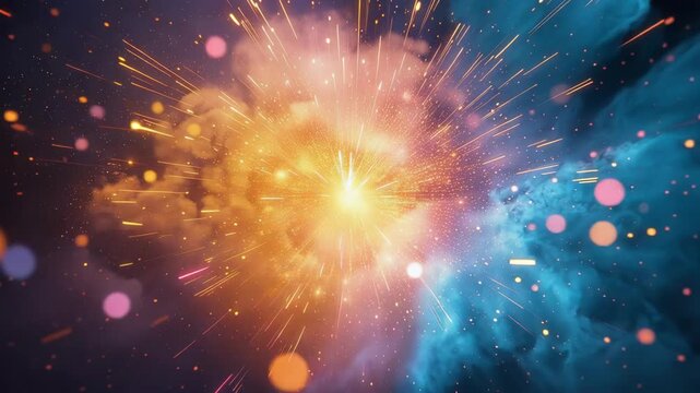Explosive cosmic fireball burst with orange core, blue nebula, particle energy and glowing sparks