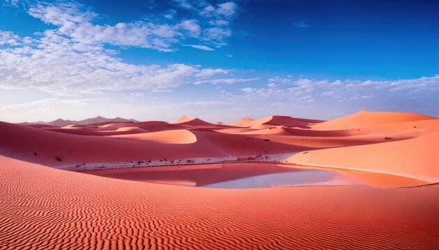 Vista panor&acirc;mica de dunas de areia alaranjada no deserto do Saara sob um c&eacute;u azul vibrante com nuvens esparsas e um pequeno o&aacute;sis de &aacute;gua.
