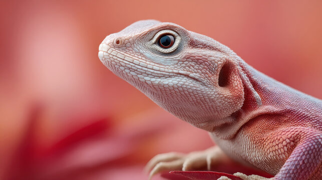 Vibrant pink lizard on red leaves close-up