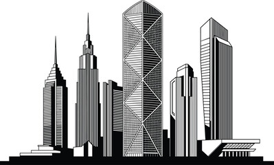 Obraz premium Modern city skyline illustration, urban skyscraper architecture, geometric building design, black white artwork, metropolitan skyline drawing, structural brace tower