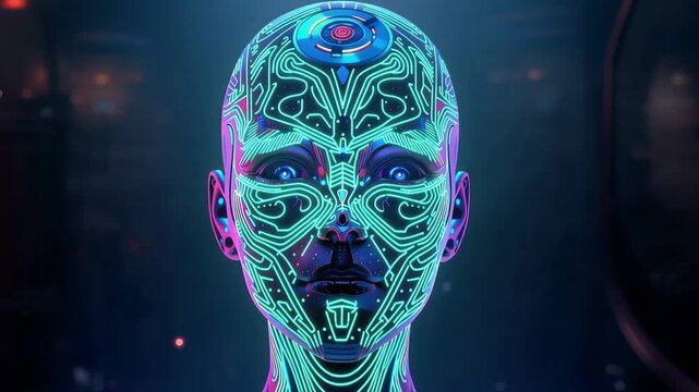 Neon cybernetic android portrait with glowing circuit patterns futuristic robot symmetry