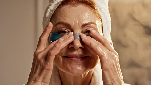 Mature Woman Applying Hydrating Eye Patches and Towel Wrapped Head Enjoying Skincare Spa Treatment with Gentle Steam and Soft Lighting