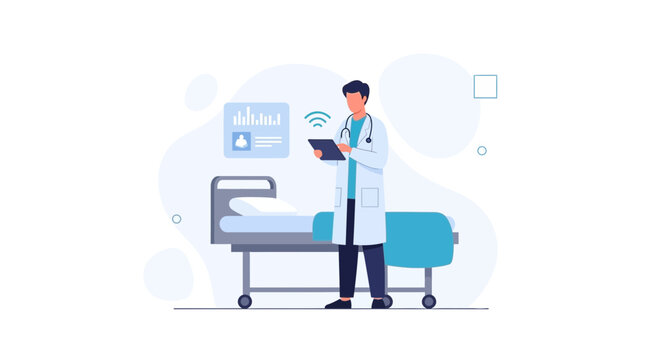 Doctor using tablet with medical data on screen in hospital room with bed