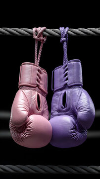 par de guantes de boxeo color morado y rosa colgados de una cuerda de ring sobre un fondo negro deporte y bienestar deterinacion
