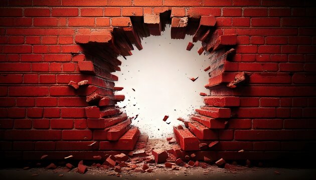 Un mur de briques rouges bris&eacute; avec une ouverture b&eacute;ante r&eacute;v&eacute;lant une lumi&egrave;re vive, illustrant le concept de d&eacute;passement des obstacles.