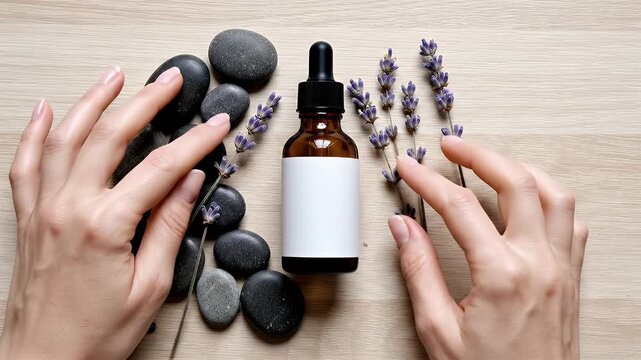 Overhead Shot Of A Minimalist Spa Scene Featuring A Dropper Bottle Surrounded By Smooth Stones And Lavender Sprigs On A Light Wood Surface With Gentle Lighting