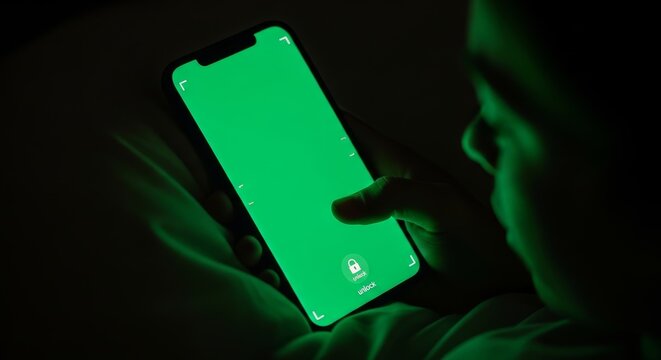 Hand holding smartphone with green chroma key screen and lock icon in dim light. Mobile device security concept for app development and digital interface mockup