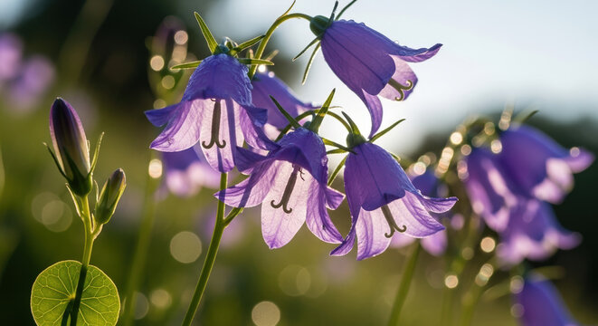 Close-up of vibrant harebell flowers with soft petals in sunlight, featuring delicate purple blooms gracefully hanging. Close-up showcases beauty of harebell flowers in natural setting.