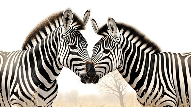 Intimate Close-up Portrait of Two Zebras Touching Heads in a Misty African Savannah