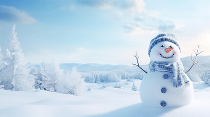 Obraz premium Joyful Snowy Landscape with Friendly Snowman Under Bright Winter Sky and Pristine Frosty Fields