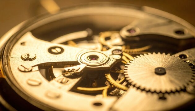 Nahaufnahme des komplexen Uhrwerks einer Vintage-Uhr, das die feinen Zahnr&auml;der und Pr&auml;zision der Mechanik zeigt.