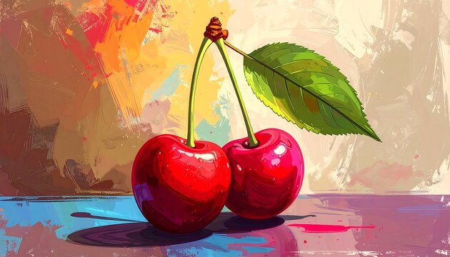 A vibrant abstract painting showcases two ripe cherries connected by a stem and a single green leaf against a colorful background